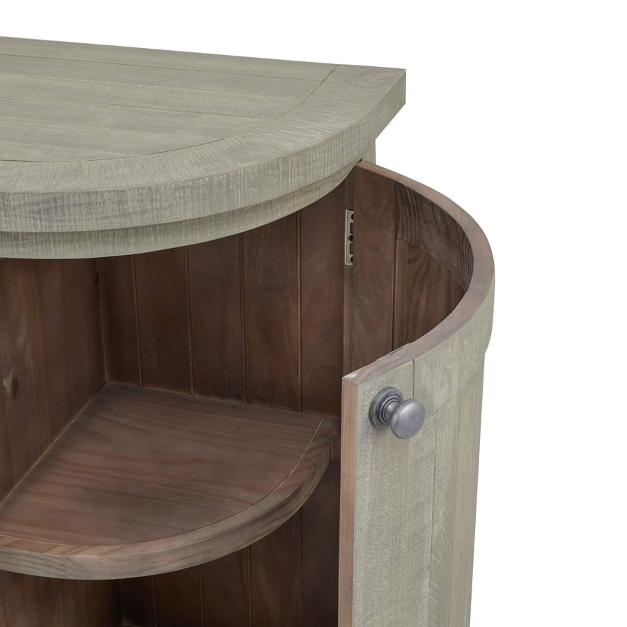 Curved modern sideboard in warm grey with organic wood grain, weathered pine finish, and elegant storage. by Sostter at brixbailey.com