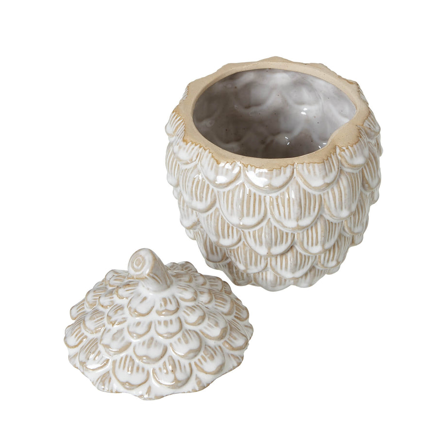 Handcrafted white ceramic pine cone trinket dish with removable lid, perfect for jewelry and home decor. by Sostter at brixbailey.com