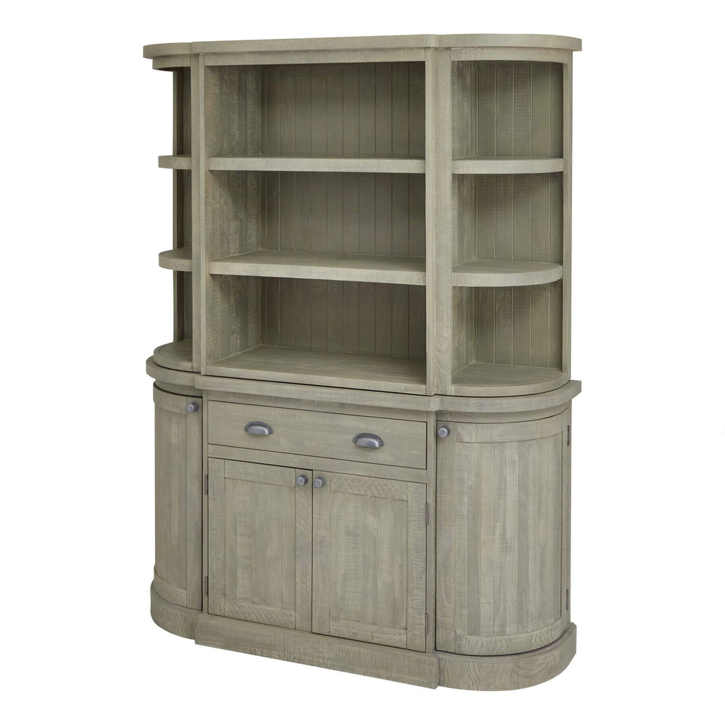 Curved pine sideboard in warm grey with organic modern design and hand-treated wood grain finish by Sostter at brixbailey.com