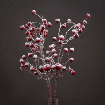 Lifelike red festive berry stems with frost detailing, perfect for winter wreaths and centerpieces by Sostter at brixbailey.com