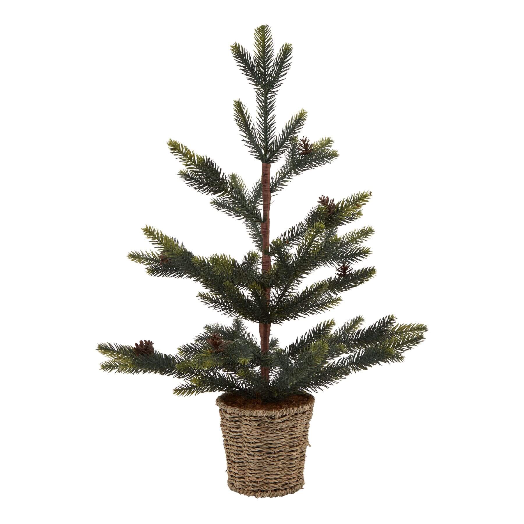 Handcrafted artificial spruce tree arrangement in wicker basket, lush green needles, rustic modern decor for year-round display. by Sostter at brixbailey.com