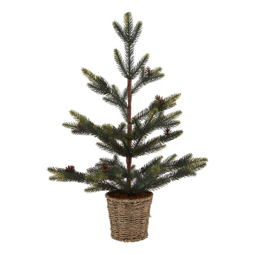 Handcrafted artificial spruce tree arrangement in wicker basket, lush green needles, rustic modern decor for year-round display. by Sostter at brixbailey.com