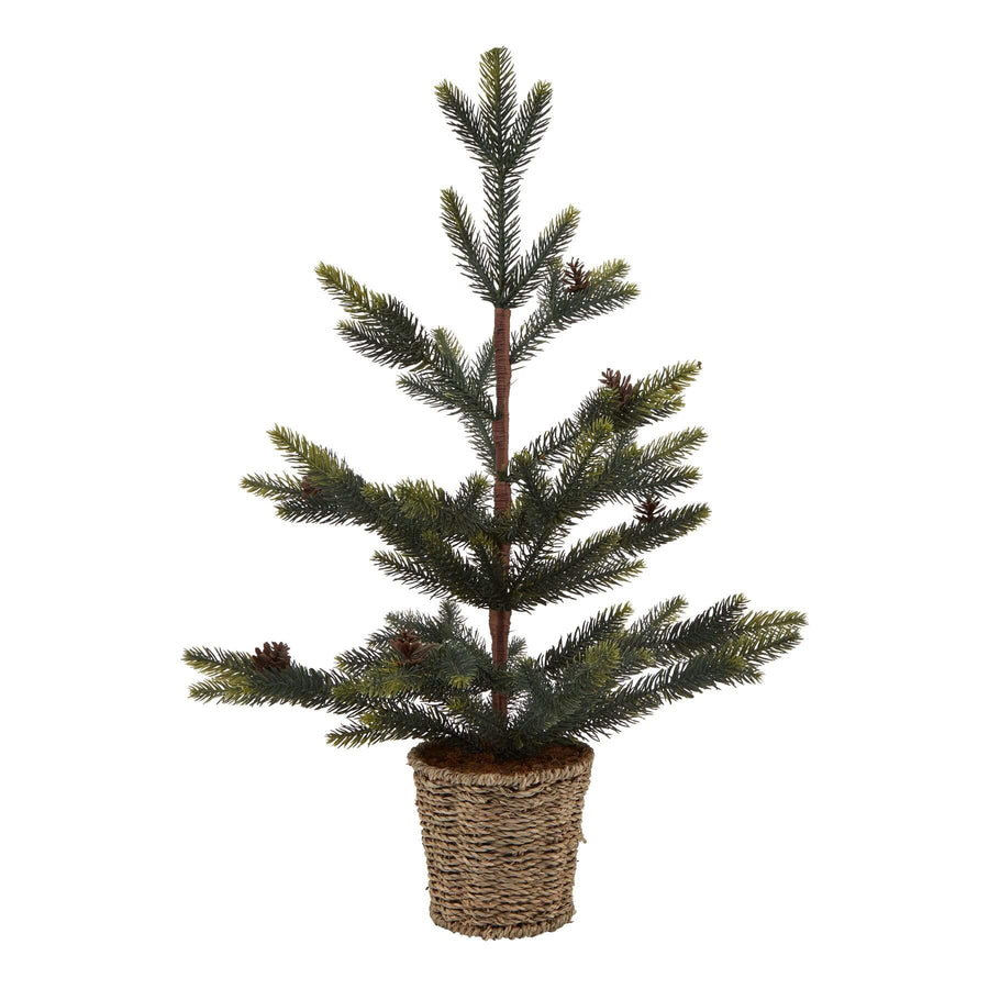 Handcrafted artificial spruce tree arrangement in wicker basket, lush green needles, rustic modern decor for year-round display. by Sostter at brixbailey.com