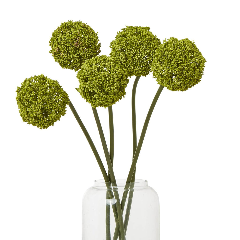 Green Allium faux floral stem with spherical bloom, natural green plastic, 75cm height for vase arrangements by Sostter at brixbailey.com