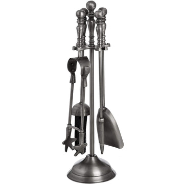 Antique pewter fireplace tool set with stand, including tongs, poker, shovel, and brush - classic hearth accessory. by Sostter at brixbailey.com