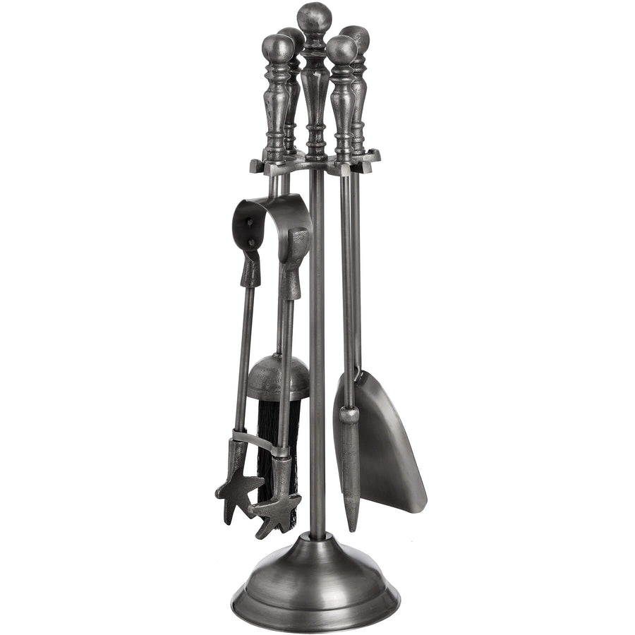 Antique pewter fireplace tool set with stand, including tongs, poker, shovel, and brush - classic hearth accessory. by Sostter at brixbailey.com