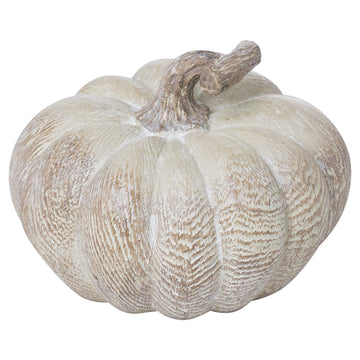 Handcrafted whitewashed resin pumpkin centerpiece with wood-grain texture, perfect for farmhouse or seasonal decor. by Sostter at brixbailey.com