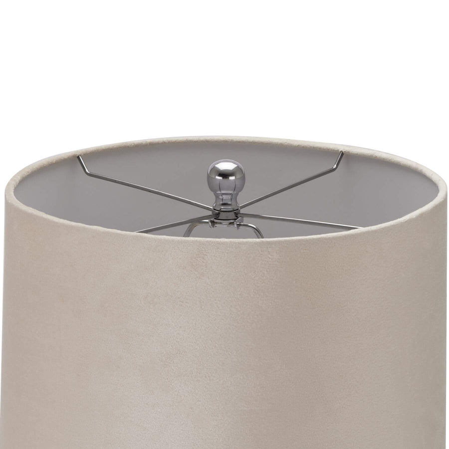 Metallic glass table lamp with fluted texture and beige velvet shade, modern artisan lighting for elegant interiors. by Sostter at brixbailey.com