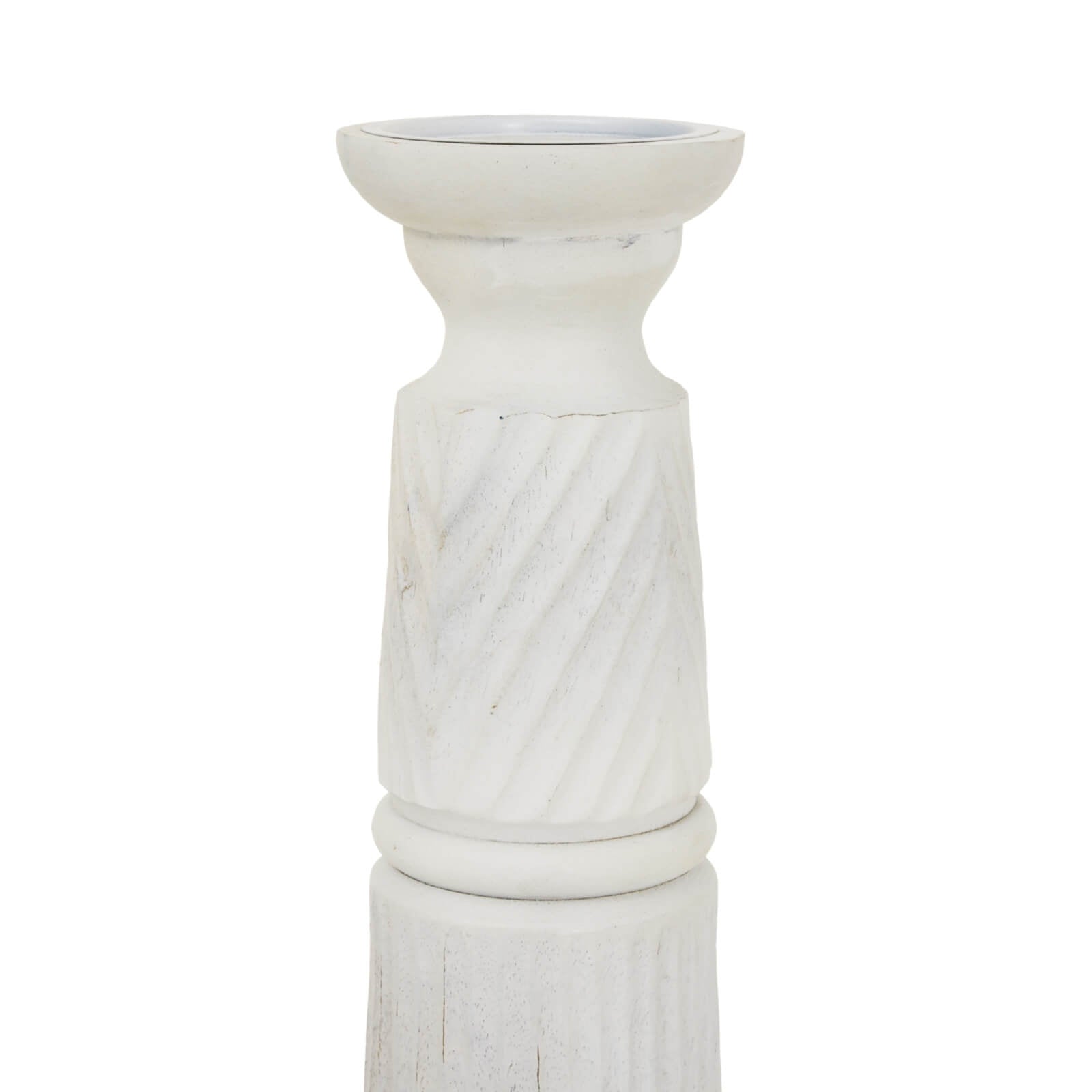 Hand-carved white wooden candle holder with intricate patterns, 30cm tall, for modern or traditional decor. by RoomLondon at brixbailey.com
