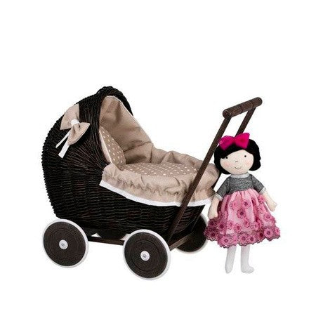 confident front view of a dark wicker doll pram with plush beige bedding for imaginative play