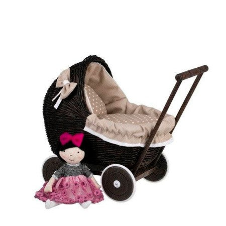playful dark wicker doll pram with beige bedding ready for a teddy bear adventure