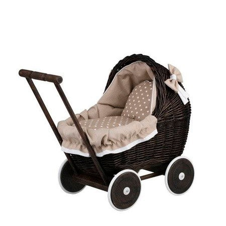 elegant dark wicker doll pram with beige bedding in a cozy nursery setting