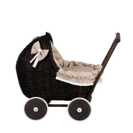 elegant dark wicker doll pram with soft beige bedding in a refined nursery setting