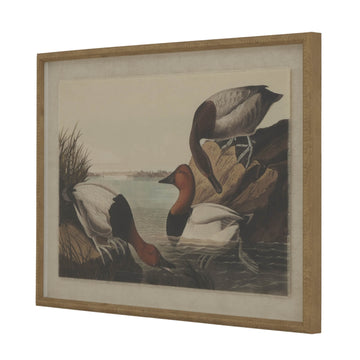 Linen wall art with Pochards illustration on premium canvas, handcrafted beaded frame, earthy brown tones by Sostter at brixbailey.com
