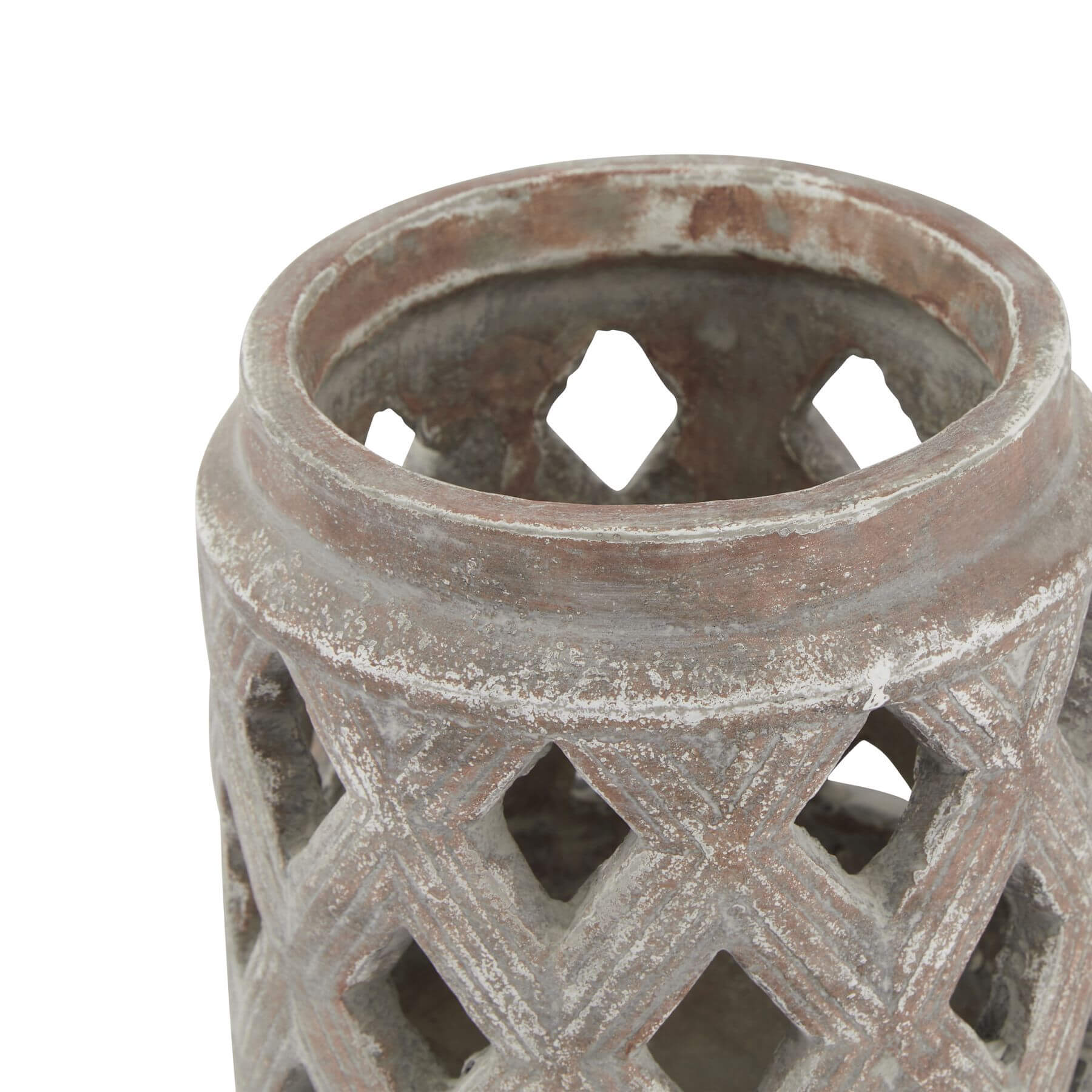 Brown ceramic lattice lantern with geometric cutouts casting intricate light patterns, modern home decor centerpiece by Sostter at brixbailey.com