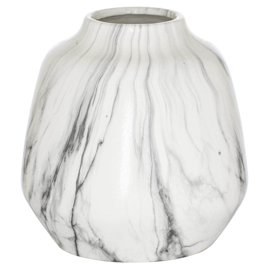 Handcrafted white marble Olpe vase with natural veining, 20cm ceramic decor piece for modern interiors. by Sostter at brixbailey.com