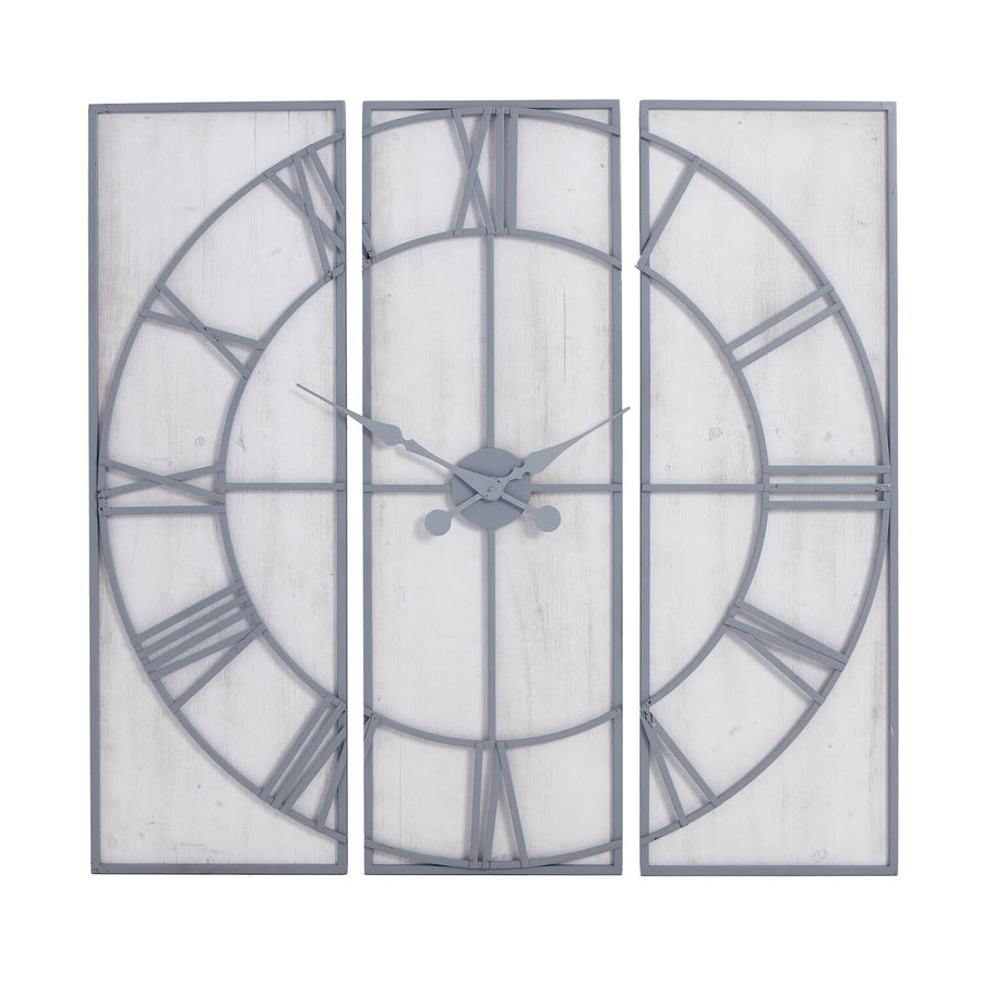 Large silver Roza wall clock with paneled metal design, modern numerals, and bold 60cm diameter for contemporary decor (124 chars) by Sostter at brixbailey.com