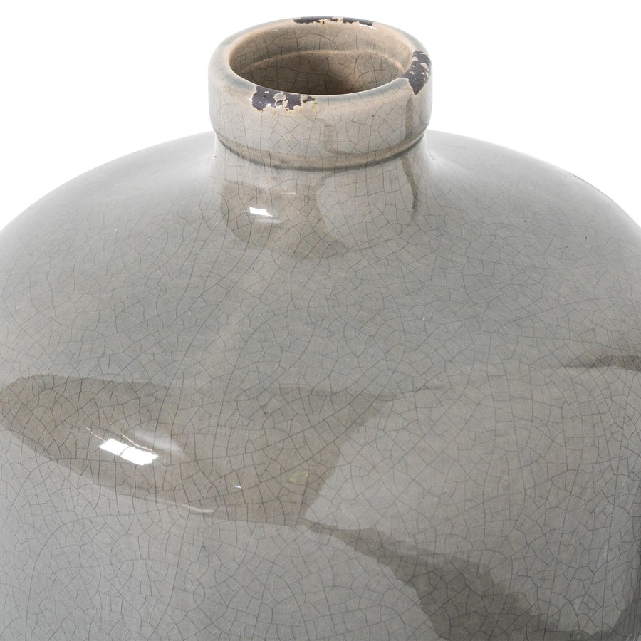 Handcrafted grey ceramic vase with distressed finish, artisanal symmetrical design for modern or traditional decor. by Sostter at brixbailey.com