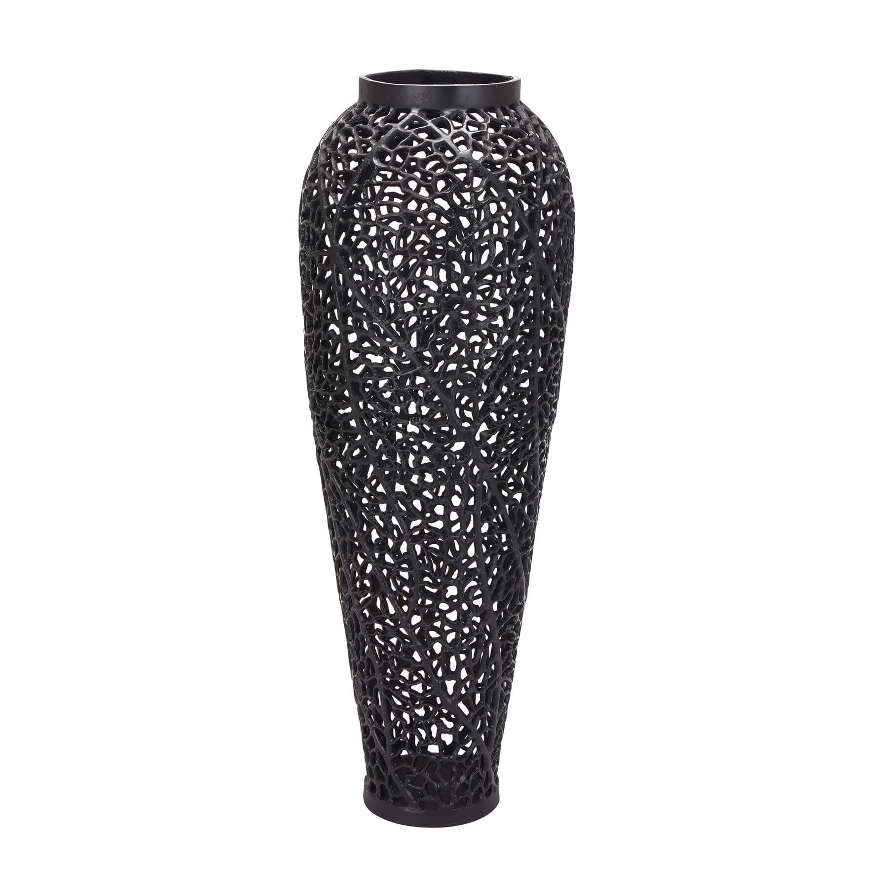 Matte black perforated steel vase with geometric cutouts, creating dynamic light patterns, 90cm tall, modern home decor by Sostter at brixbailey.com