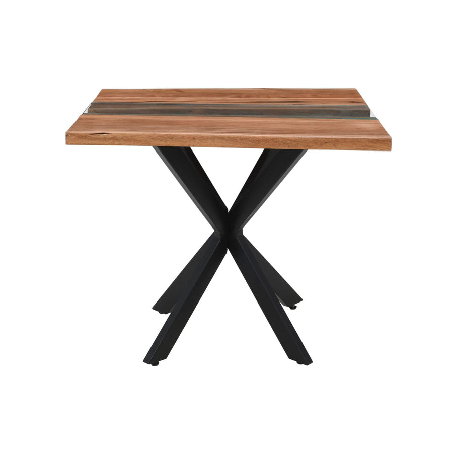 Live edge square dining table with glass river center, rich brown wood and black metal base, 90cm square by Sostter at brixbailey.com