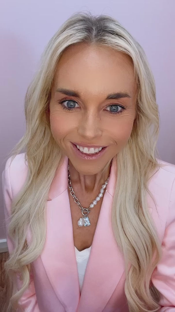 Silver Pearl and Chain Lariat Necklace with Coin Accent