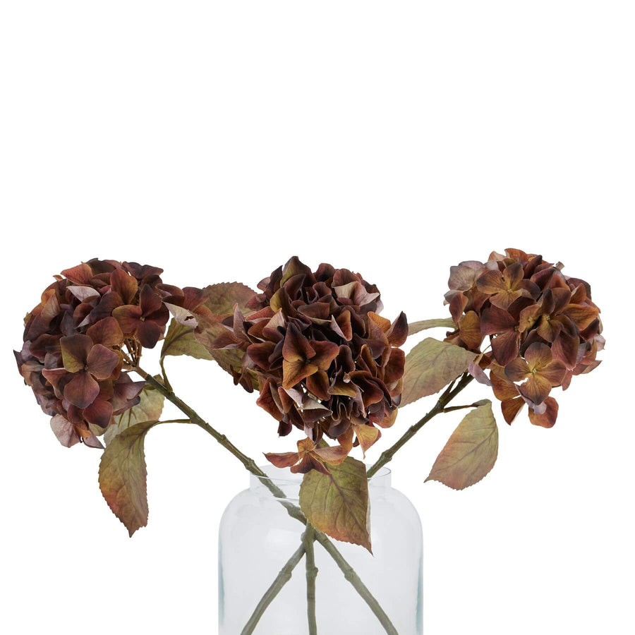Realistic brown and amber autumn hydrangea stems, 50cm tall with lifelike petals, perfect for fall decor by Sostter at brixbailey.com