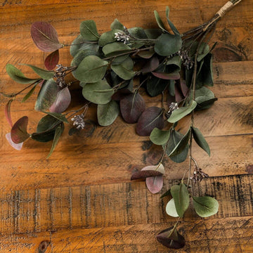 Lifelike eucalyptus bouquet with natural green leaves, subtle grey and ruby accents, 30 inches tall, artificial botanical decor by Sostter at brixbailey.com