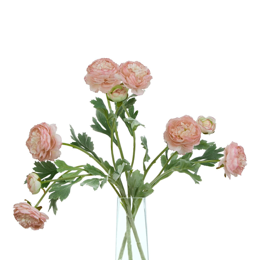 Pink faux ranunculus stem with realistic layered petals and green foliage, 50cm artificial flower for home decor by Sostter at brixbailey.com