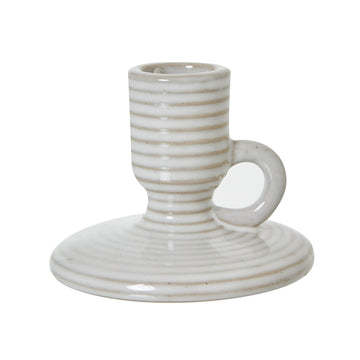 White ceramic taper candle holder with integrated handle, minimalist design, 10 cm height, for modern decor.
