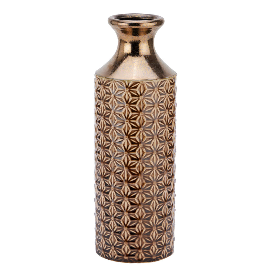 Handcrafted caramel fluted ceramic vase, 40cm tall with symmetrical grooves, Mediterranean-inspired design for home decor. by Sostter at brixbailey.com