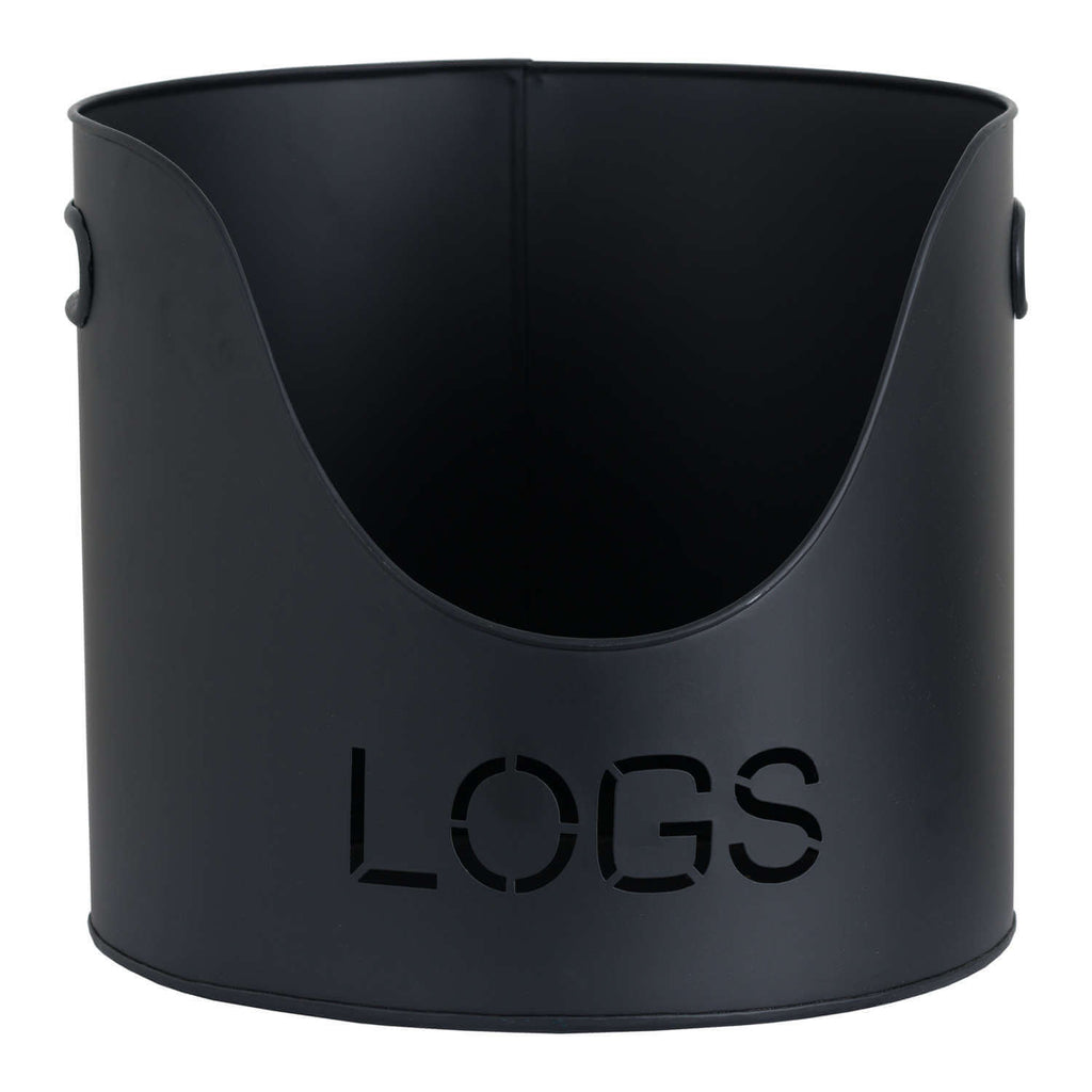Black metal log and kindling bucket set with rustic charm, modern matte finish, and built-in match storage for fireplace. by Sostter at brixbailey.com