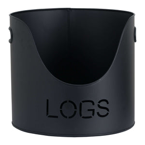 Black metal log and kindling bucket set with rustic charm, modern matte finish, and built-in match storage for fireplace. by sostter at brixbailey.com