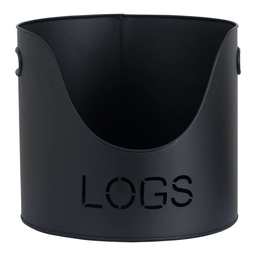 Black metal log and kindling bucket set with rustic charm, modern matte finish, and built-in match storage for fireplace. by Sostter at brixbailey.com