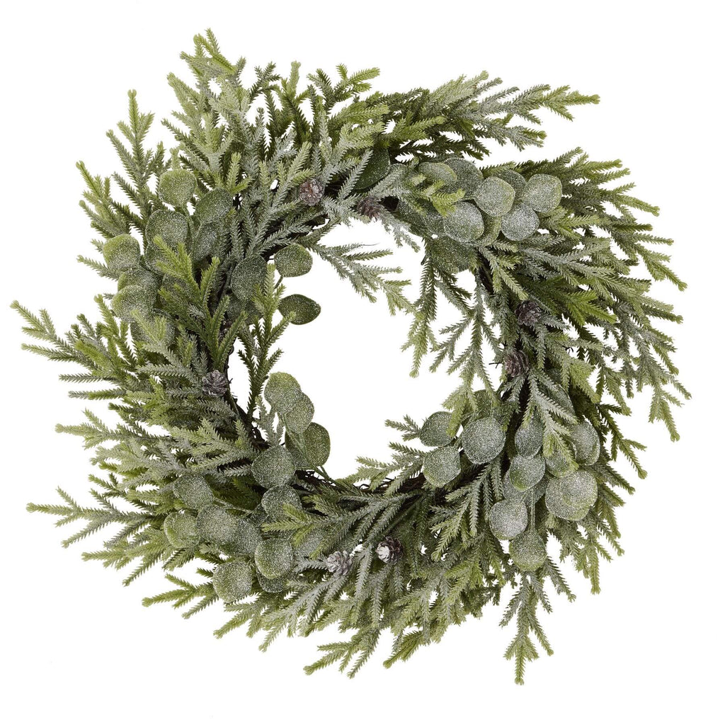 Frosted pine and eucalyptus winter wreath with silver-dusted needles and blue-green leaves, 50cm diameter. by Sostter at brixbailey.com