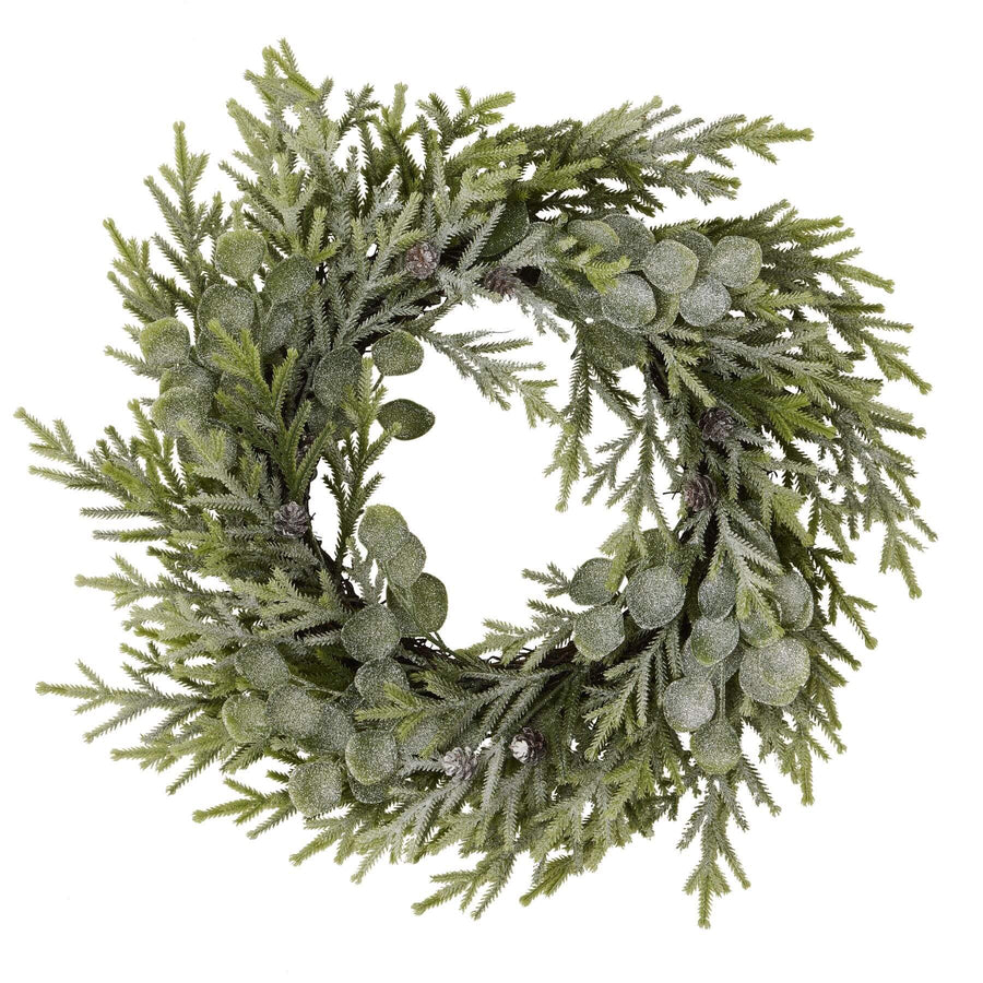 Frosted pine and eucalyptus winter wreath with silver-dusted needles and blue-green leaves, 50cm diameter. by Sostter at brixbailey.com