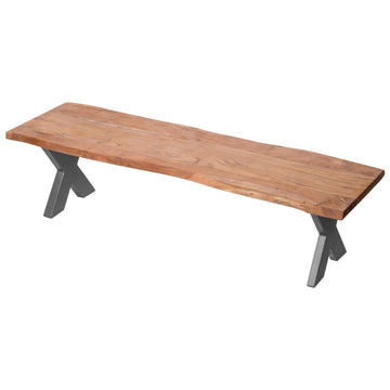 Handcrafted live edge acacia wood bench with natural grain, grey metal frame, rustic-modern design. by Sostter at brixbailey.com