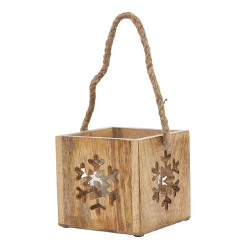 Handcrafted wooden snowflake tealight holder with glass insert, warm brown rustic decor for holiday ambiance. by Sostter at brixbailey.com