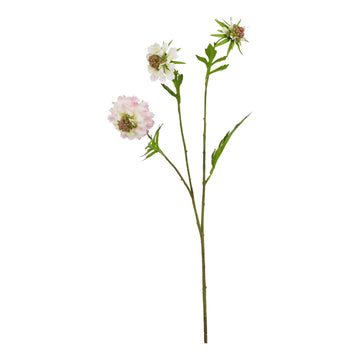 Pink scabious artificial flower stem with green leaves, realistic plastic petals for home decor by Sostter at brixbailey.com