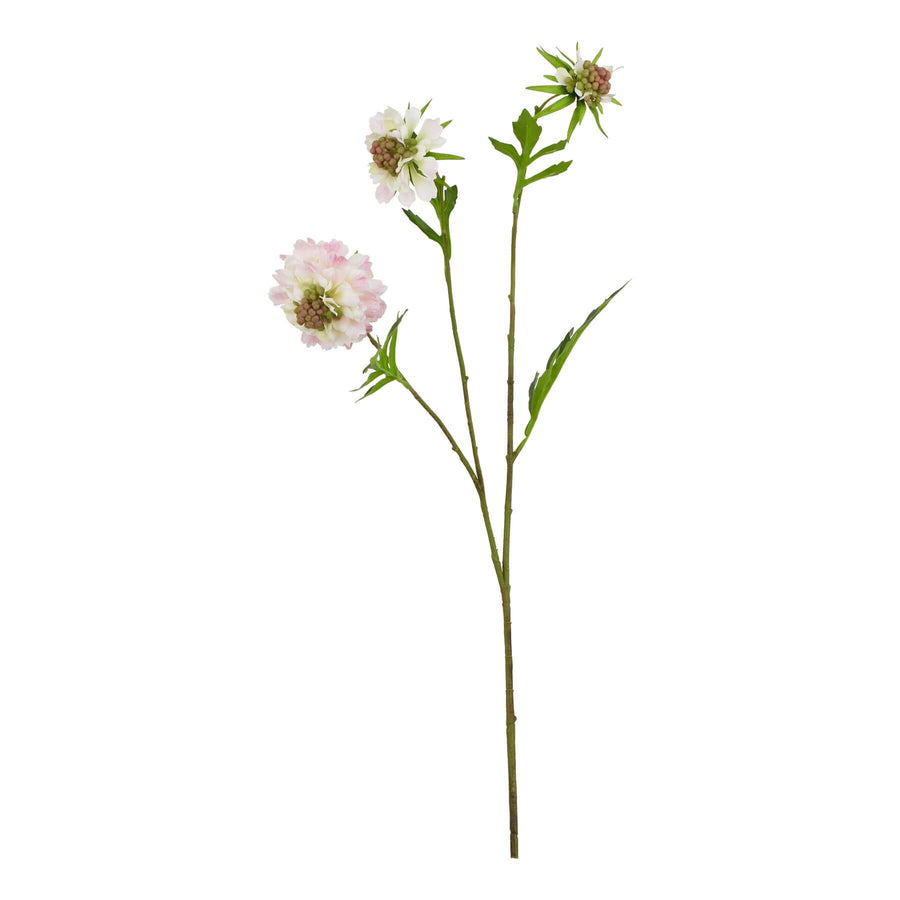 Pink scabious artificial flower stem with green leaves, realistic plastic petals for home decor by Sostter at brixbailey.com