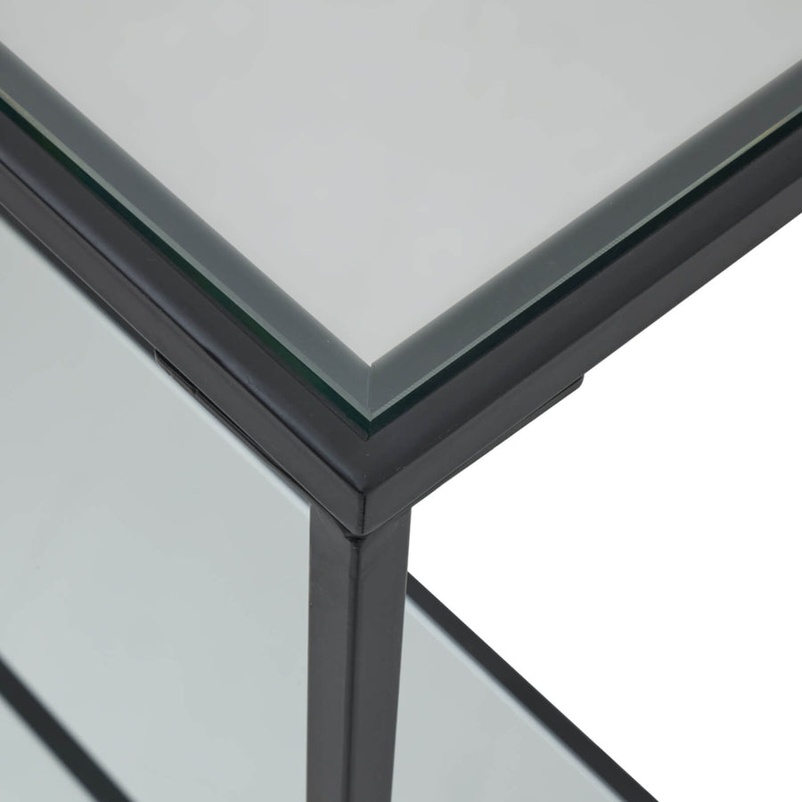 Lennox console table with black metal frame and glass top, minimalist industrial design for modern interiors by Sostter at brixbailey.com