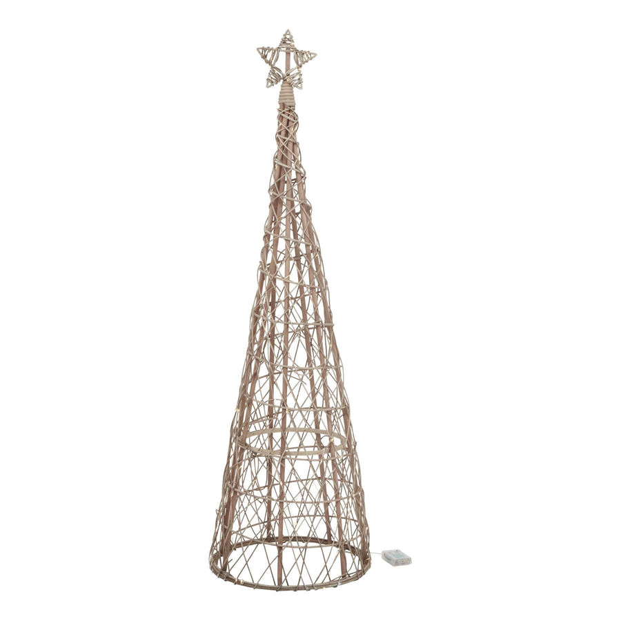 Handwoven wicker Christmas tree with LED lights, rustic brown, 130cm tall, featuring a star topper for holiday decor. by Sostter at brixbailey.com