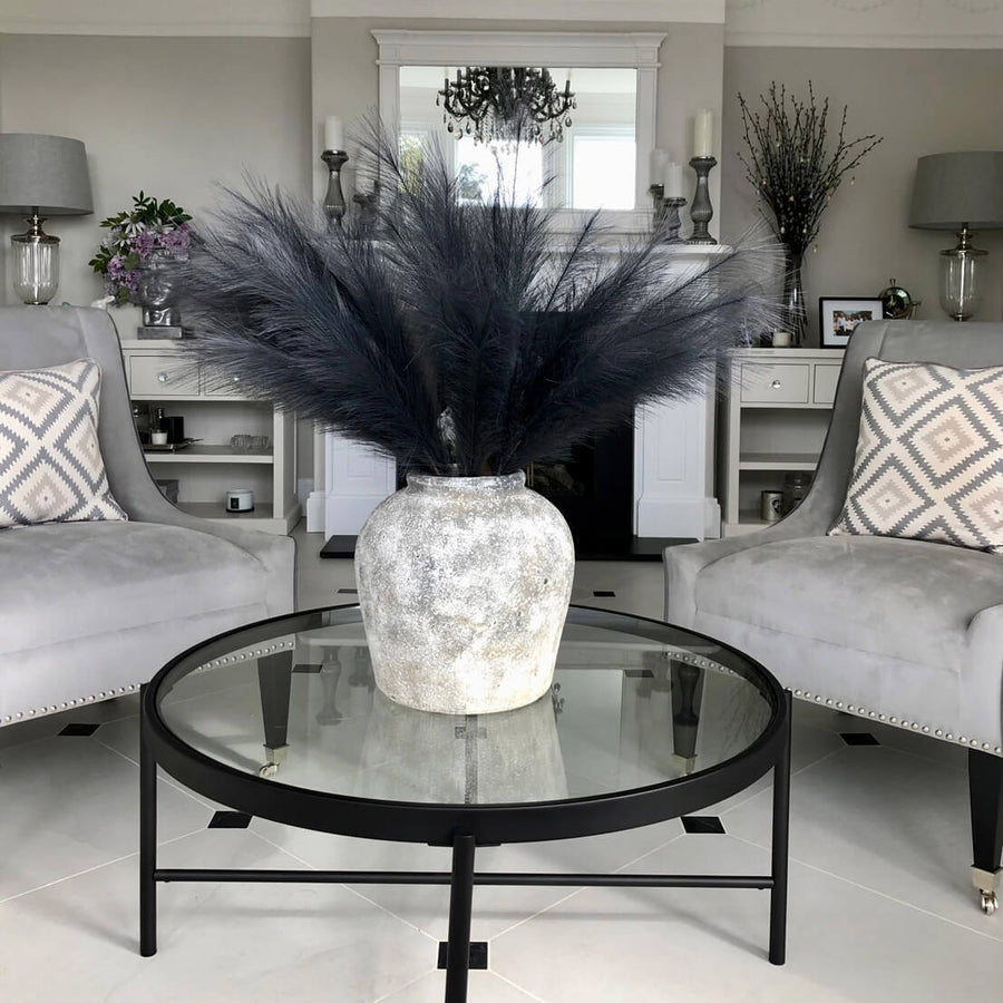 Luxe faux pampas grass stem in soft grey, 85cm tall, with realistic silky plumes for elegant home decor (124 chars) by Sostter at brixbailey.com
