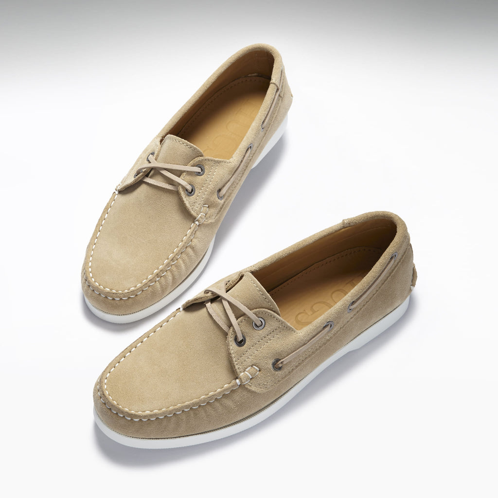 Taupe Suede Deck Shoes with White Stitching
