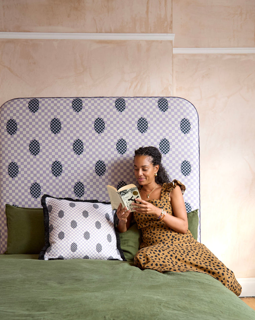 Curved Piped Headboard in Deco Checkers Violet Veils
