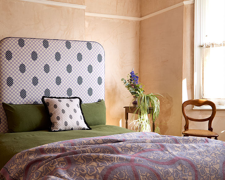 Curved Piped Headboard in Deco Checkers Violet Veils