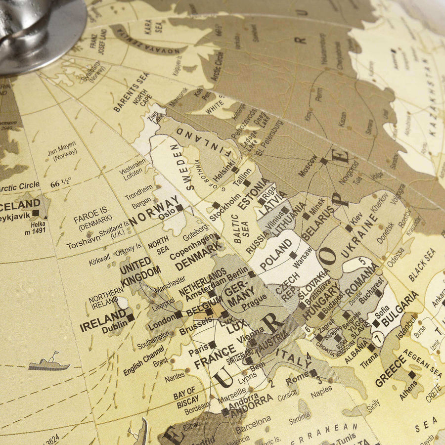 Chrome desktop globe with vintage map on cream background, polished silver stand, 20cm diameter, elegant decor piece by Sostter at brixbailey.com