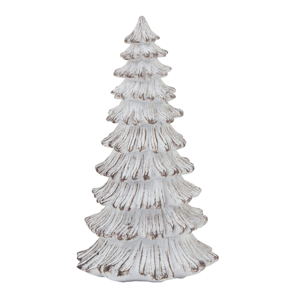 Handcrafted white resin winter fir tree sculpture with snow-dusted branches, Scandinavian minimalist holiday decor by RoomLondon at brixbailey.com
