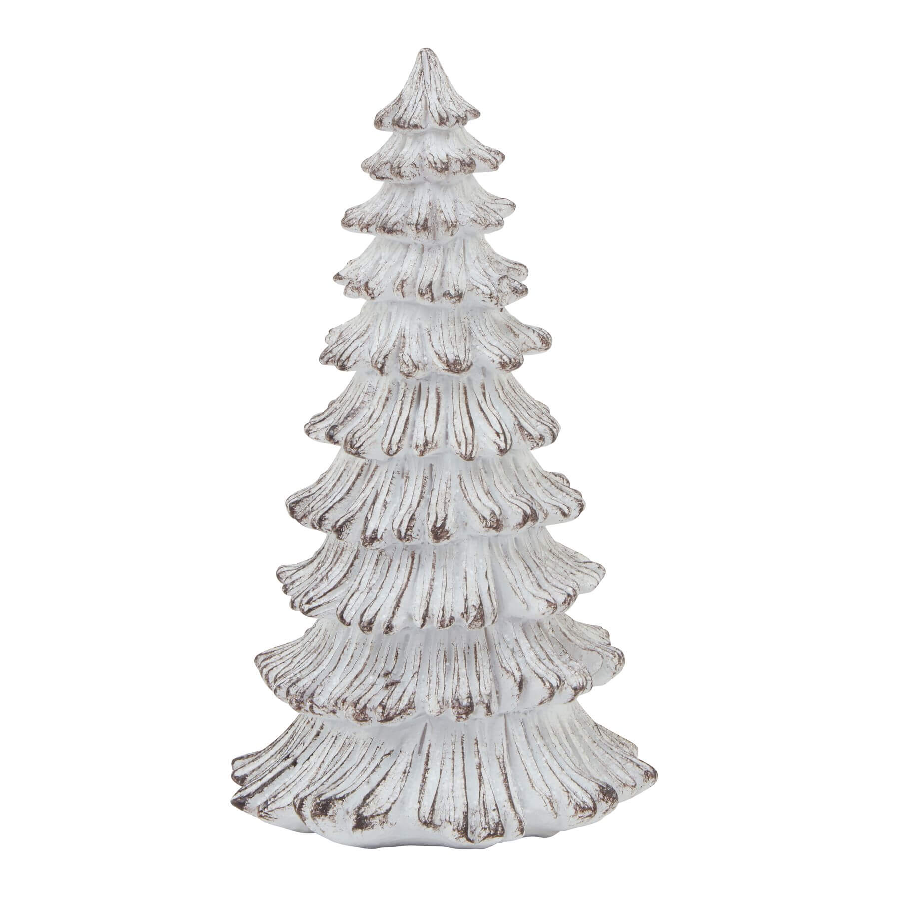 Handcrafted white resin winter fir tree sculpture with snow-dusted branches, Scandinavian minimalist holiday decor by RoomLondon at brixbailey.com