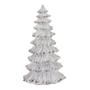 Handcrafted white resin winter fir tree sculpture with snow-dusted branches, Scandinavian minimalist holiday decor by Sostter at brixbailey.com