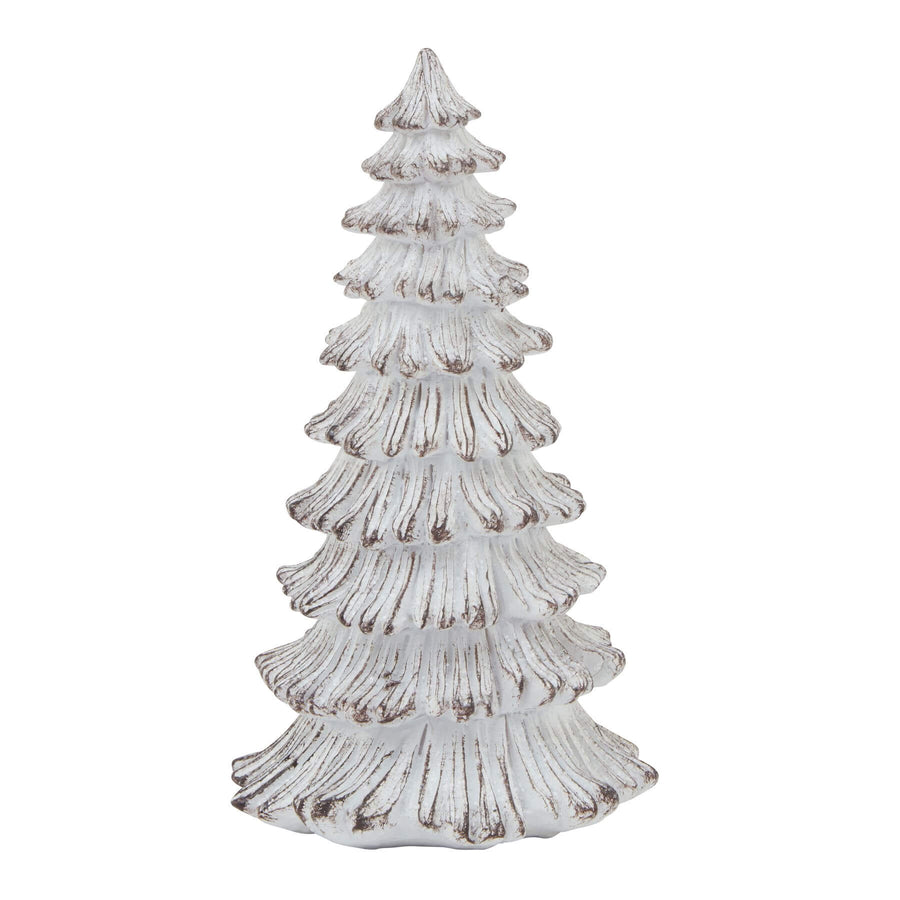 Handcrafted white resin winter fir tree sculpture with snow-dusted branches, Scandinavian minimalist holiday decor by Sostter at brixbailey.com